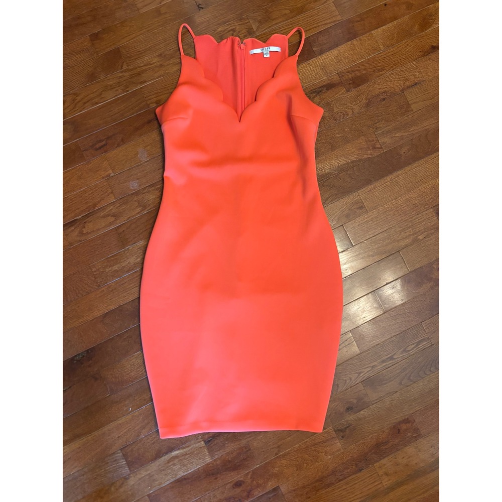 Guess Neon Coral Scalloped V-Neck Bodycon Scuba Dress
